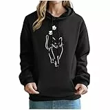 KOG Hoodie Damen Baumwolle Hoodies Katzen-Drucken Sweatshirt mit Kapuze Warmes Hooded Sweatshirt Teenager Mädchen Pullover Casual Mode Frau Fashion Oversized Langarmshirt Kleidung Schwarz M