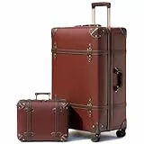 Urecity Vintage Reisekoffer Set 2 Teilig Leicht Retro Lederkoffer Hartschale Trolley Handgepäck Sets mit TSA Schloss und 8 Rollen (Karamell Braun, S(14')+XL(28'))