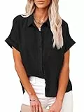 Friptspyg Bluse Damen Blusen & Tuniken Lässiges Kurzarm Hemdbluse Sommer V-Ausschnitt 100% Baumwolle Solide Blusenshirt Elegant Oberteile mit Tasche, Schwarz M