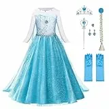 URAQT Kostüm Kinder Mädchen, 6-teiliges Set Kinder Prinzessin Kleid mit Krone Diadem Handschuhe Zauberstab usw für Weihnachten Karneval Halloween Rollenspiel(110)