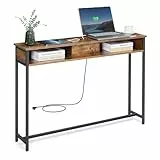 VASAGLE Konsolentisch mit Steckdosen, Beistelltisch mit 2 Fächern, schmal, 25 x 120 x 81 cm, platzsparend, für Eingangsbereich, Wohnzimmer, vintagebraun-tintenschwarz LNT111K01