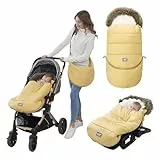 LAT Universal Fußsack für Babyschale Kinderwagen, Wind- und Wasserdicht mit Abnehmbarer Verlängerungsabschnitt Winterfußsack für Kinderwagen Buggy (Pelzkragen, Gelb)