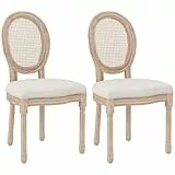 HOMCOM Esszimmerstühle 2er Set Küchenstuhl mit Rückenlehne, Leinenoptik, Sessel Polsterstuhl mit Rattanoptik, Stühle Holzbeine, Wohnzimmerstuhl für Esstisch Küche, Cremeweiß
