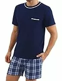 Litherday Schlafanzug Herren Kurz Baumwolle Shorty Pyjama Set Nachtwäsche Kurzarm T-Shirt und Kariert Schlafanzughose Männer Hausanzu