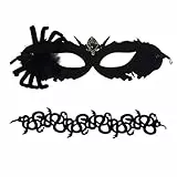 JewelryWe Schmuck 2pcs Spinnenmaske Choker Halskette Set Damen Schwarz Gothic Spitze Maskerade Spinne Augenmaske Venezianische Maske Schlange Halsband Kropfband Kette Kostüm für Halloween Cosplay