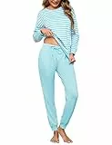 Bresdk Schlafanzug Damen Lang Pyjama Baumwolle Winter Nachtwäsche Lounge Set Türkisblau M