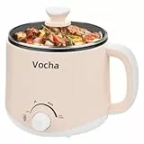 Vocha Elektrischer Hot Pot mit Warmhaltefunktion, 1.6L Antihaft-Elektrische Pfanne, Tragbarer Reisekocher, Mini Multikocher für Nudeln, Suppe, gekochte Eier, Gemüse, Fleisch (Beige)
