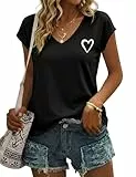 Gyabnw Herz T-Shirt Damen V Ausschnitt Bluse mit Herzen Elegant Sommer Basic Tops Oberteil Kurzarm Flügelärmel Schwarz