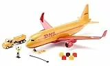 siku 1702, DHL Frachtflugzeug aus Kunststoff mit Zubehör, Rot/Gelb, Spielzeug-Modell, Inkl. Gepäckwagen, Abschleppstange, Bremsklötzen und Fluglotse