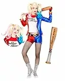 Funidelia Offizielles Harley Quinn Kostüm mit Perücke und aufblasbarem Baseballschläger - Suicide Squad für Damen, DC Comics - Outfit für Erwachsene für Partys, Karneval und Halloween - Größe XXL