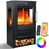 KESSER® Elektrokamin mit Heizung Panorama-Sichtfenster Heizlüfter 9 LED-Flammeneffekt Farbmodi Fernbedienung WiFi App 900/1800W Kaminfeuer elektrisch mit Thermostat Heizfunktion Timer
