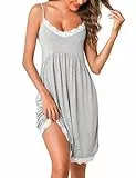 Litherday Nachthemd Damen Kurz Spitze Nachtkleid Kurzarm Nachtwäsche Loungewear aus 95% Baumwolle Negligee Ärmellos Sleepshirt, Hellgrau, XL