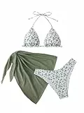 GORGLITTER Damen Bikini Set 3 Teiliger Bikini-Sets mit Blumenmuster Neckholder Badeanzug mit Cover Up Rock Swimsuit Set Grün M