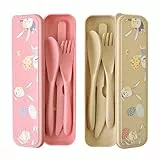 Besteck Set 2 Personen, Campingbesteck & Reisebesteck - Robust, Tragbar und Wiederverwendbar, Reisebesteck mit Etui für Camping Geburtstagsfeier Schule Arbeiten (Pink + Beige)