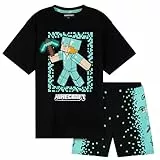 Minecraft Schlafanzug Jungen Teenager 5–14 Jahre, Weicher Pyjama Set Kurzarm Mit T-Shirt Und Shorts, Geschenke Für Kinder (Schwarz/Blau, 7-8 Jahre)