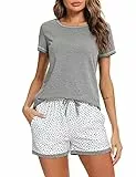 Litherday Pyjama für Damen, Sommer, Kurze Ärmel, Pyjama-Set, Baumwolle, Nachtwäsche, Bedruckt, kariert, bequem, weich, atmungsaktiv, A Dunkelgrau., 42