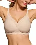 HORISUN BH Damen ohne Bügel mit V-Ausschnitt und Spitzenbesatz, Sanftem Halt Jelly BHS, Breite Träger und Seitenflügel, Nahtloser T-Shirt BH für Damen (Nude Beige 95C)