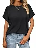 Cuptacc Tshirt Damen Kappelärmel Rundhals T-Shirt Casual Kurzarm Oversize Shirt Damen Einfarbiges Oberteil Leicht Mittel M 38-40 Schwarz