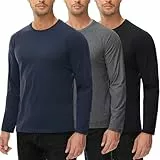 Langarmshirt Für Herren 100% Baumwolle 3 Pack T Shirt Rundhalsausschnitt Basic Maschenware Cotton Langarm Shirt Longsleeve Männer Schwarz Grau Blau M
