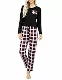 Clearlove Damen Schlafanzug Lang Pyjama Set Winter Nachtwäsche Zweiteiliger Sleepwear Soft Loungewear Hausanzug mit Karierte Hose(Schwarze weiße Gitter,XXL)