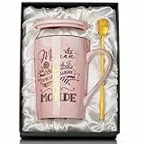 Doublewhale Muttertagsgeschenk, Geburtstagsgeschenk, Mama, Kaffeetasse aus Keramik, 400 ml, rosa Marmor, mit Deckel, Löffel, Grußkarte