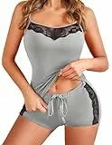 Avidlove Schlafanzug Damen Sexy Pyjama Set Kurz Ärmellos Zweiteiliger Nachtwäsche mit Spaghettiträger Cami Top und Shorts Sommer Freizeitanzug Hausanzug Sleepwear Grau S