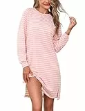 Litherday Nachthemd Damen Langarm Baumwolle Winter Nachthemden für Damen Lang Streifen Schlafshirt Rundhalsausschnitt Nachtwäsche Mädchen Herbst Loungewear