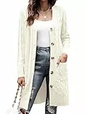 Aottori Strickjacke Damen Lang Elegant Cardigan Grobstrick Langarm Strickcardigan Open Front Pullover Strick mit Knöpfe und Taschen Weiß XL