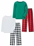 LOLPIP Jungen Pyjamas 4-teiliges Set Kids Kleidung Stretch Ribbed Baumwolle Schlafkleidung Langärmelige Top Checkered Hosen Nachtkleidung 6 Jahre