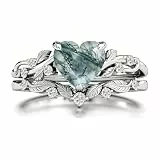 SILACETE 10K 14K 18K Rosé gold 2CT Rund Natürlicher Moosachat Ring Set für Damen 925 Sterlingsilber 8mm Echter Grüner Moosachat Blatt Art Deco Braut Hochzeitsring Set (Größe 4-15)