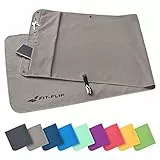 Fit-Flip Fitness Handtuch aus Mikrofaser - mit Magnet und Reißverschluss Tasche - Fitnesshandtuch für Sport und Gym - Kompakt & Schnelltrocknend - Sporthandtuch Fitnessstudio - Grau - 130x48cm
