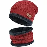 Bequemer Laden 2 Stücke Winter Beanie Mütze Schal Set Wolle Warme Strickmütze Dicke Fleecefutter Wintermütze & Schal für Herren und Damen, 1-Rot, Einheitsgröße