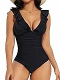 Joyshaper Badeanzug Damen Bauchweg Sexy V-Ausschnitt Rüschen Monokinis Einteilige Bademode Shape Swimsuit mit Cups Schwarz,S