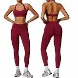 Fitness-Sets für Damen, 2-teilig, rückenfrei, Sport-BHs, versteckte Scrunch-Leggings, nahtlos, Yoga, Workout, Outftis Trainingsanzüge Set, burgunderrot, 36