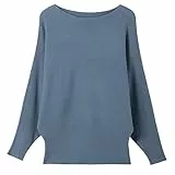Damen Batwing Sweater Solid Bootausschnitt Tunika Casual Langarm Strick Pullover Pullover Tops für Frauen, denim-blau, M-L