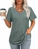 Aokosor T Shirt Damen Top Blusen Tuniken Für Damen Sommer Outfit Kurzarm Shirt Oberteile V Ausschnitt 2025 Grün M