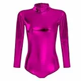 FYMNSI Damen Glänzende Ballettanzug Ballettbody Sport Tanz Body Gymnastikanzug Trikot Langarm Bodysuit Metallic Wetlook Einteiler Turnanzug Leotards Overall Lack Leder Oberteile Top Kostüm Rose L