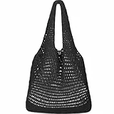 WantGor Häkeltaschen, Strand Mesh Tragetasche Damen Umhängetasche Einkaufstasche Lässige Reisetaschen Tasche faltbar Hobo Taschen (Dunkelschwarz)