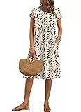 AUSELILY Damen Kurzarm Knielange Sommerkleider Sommer Lockeres Freizeitkleider Empire Kleider mit Taschen Aprikosens-chwarzes Blatt XL