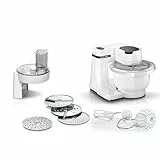 Bosch Küchenmaschine Serie 2, kleine Küchenmaschine, 3,8l Kunststoff-Schüssel, Durchlaufschnitzler, 4 Scheiben, 4 Stufen, Knethaken/Rührbesen/Schlagbesen, spülmaschinenfest, 700 W, weiß, MUMS2AW01