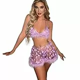 IDOPIP Damen Erotic Dessous Set 3 Stück Halter Bikini BH Top + Panty +Mini Röcke Sex Costumes Erotische Unterwäscshe Babydoll Sexy Lingerie Sets Lila S