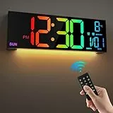 HAITANG 16'' Schwarz große Digitale Wanduhr für Wohnzimmer, Fernbedienung, Dual-Alarm, 8 RGB-Farben, großes LED-Display, automatische Helligkeit, Datum, automatische Sommerzeit, Temperatur