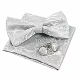 Alizeal Herren handgefertigte Paisley vorgebundene Fliege, Einstecktuch und Manschettenknöpfe Set, Silber