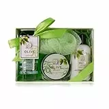 Accentra – Duschset Frauen Geschenkset OLIVE in schöner Geschenkbox, 4-teiliges Pflegeset mit Duschgel, Bodylotion, Körperbutter und Netzschwamm – Wellness Geschenk Set zum Geburtstag oder Weihnachten