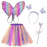 AUYAO Feenflügel Kostüm Kinder 4PC Schmetterlings Flügel Mädchen Prinzessinnenflügel Elfen Fee Anzieh Sets mit Tutu Haarband Zepter für Halloween Karneval Geburtstag Fasching Kostüm Requisiten(A-Lila)