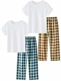 LOLPIP Jungen Pyjamas 4-teiliges Set Kinder Kleidung Stretch gerippte Baumwolle Nachtwäsche Weiß Top Karierte Hosen Nachtwäsche 8 Jahre