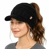 TOP-EX Damen mütze mit Schirm Winter Beanie hat für Women Pferdeschwanz Herren Cap strickmütze Strick Fleece gefütterte schirmmütze Loch großer Kopf Running schwarz