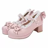 Holibanna Vintage Frauen Chunky Heel Pumps mit Bowknot und Spitze Plateau High Heels Schuhe Lolita Schuhe 1 Paar, Rose, 38.5 EU