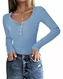Fessceruna Damen Langarmshirt U-Ausschnitt Slim Fit Oberteil Longsleeve Shirt Basic Geripptes Pullover mit Knöpfen(Hellbalu, S)