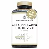 Multi Kollagen Kapseln Hochdosiert 1650mg Angereichert mit Vitamin C. Hydrolysierte Collagen Peptide Typ I, II, III, V, X. 180 Kapseln. Für Haut, Haare, Knochen & Gelenke. N2 Natural Nutrition